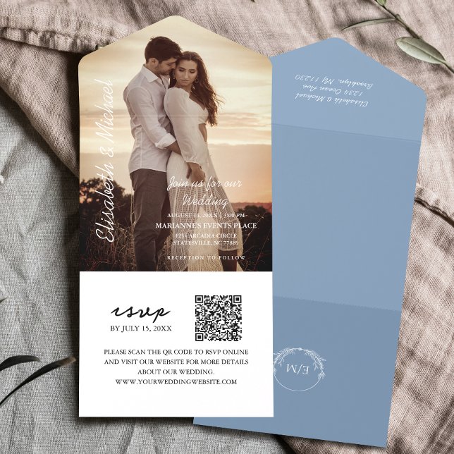 Invitation Tout En Un Photo moderne QR Code Dusty Mariage bleu (Simplify your wedding with all-in-one invitations, with QR code for RSVP. Modern elegance made easy!)