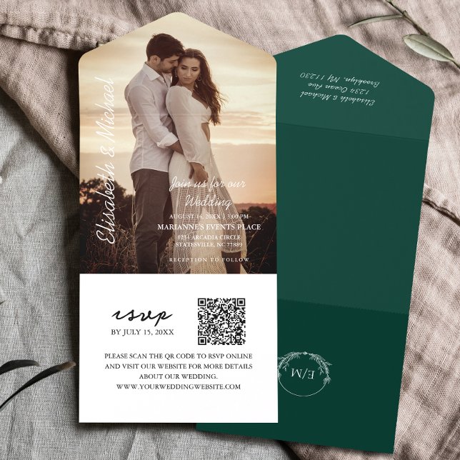 Invitation Tout En Un Photo moderne QR Code Emerald Green Mariage (Simplify your wedding with all-in-one invitations, with QR code for RSVP. Modern elegance made easy!)