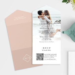 Invitation Tout En Un Photo moderne QR Code Peach Mariage