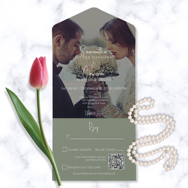 Invitation Tout En Un Photo moderne Sage Green Elegant Code QR (Créateur téléchargé)