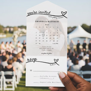 Invitation Tout En Un Photo Monogram Heart Line White Calendar Mariage