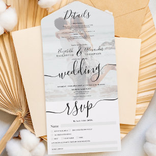 Invitation Tout En Un Photo noir blanc script moderne mariage