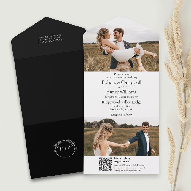 Invitation Tout En Un Photo noire moderne | Monogramme | Code QR (Simplify your wedding with our all-in-one invitation – convenience and beauty in a single card.)