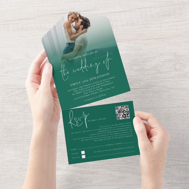 Invitation Tout En Un Photo Overlay QR Code Emerald Green Script Mariage (Déchirure)
