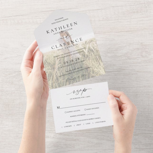 Invitation Tout En Un Photographie noir et blanc classique Mariage éléga (Déchirure)