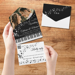 Invitation Tout En Un Piano Music Black & White Photo QR Code Mariage