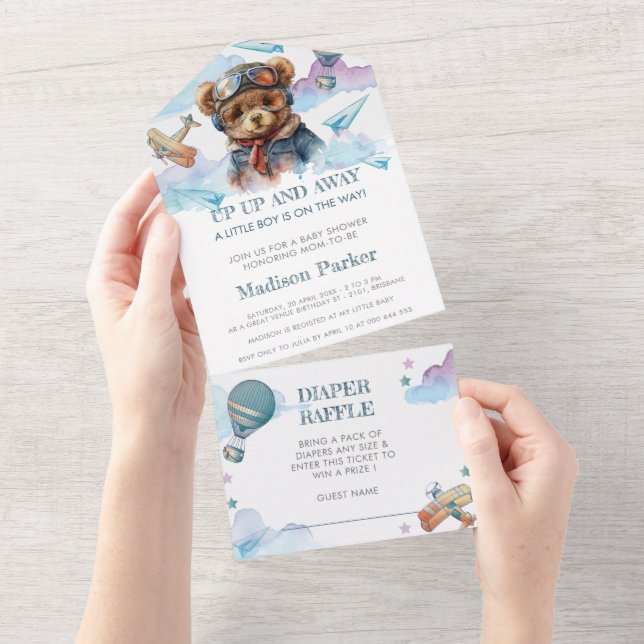 Invitation Tout En Un Pilote Teddy Bear Baby shower Diaper Raffin (Déchirure)