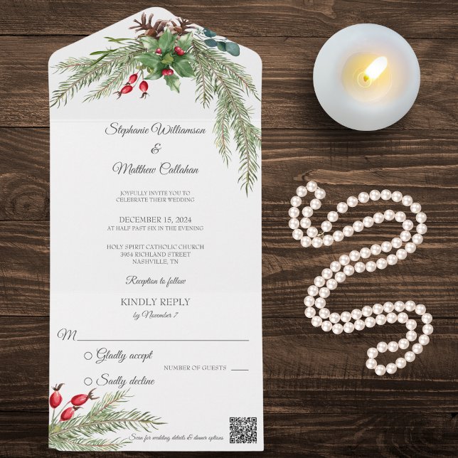 Invitation Tout En Un Pin de Noël et baies avec code QR (Also available without QR code. )