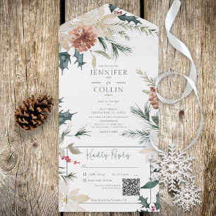 Invitation Tout En Un Pin de Noël rustique & Berries Code QR blanc