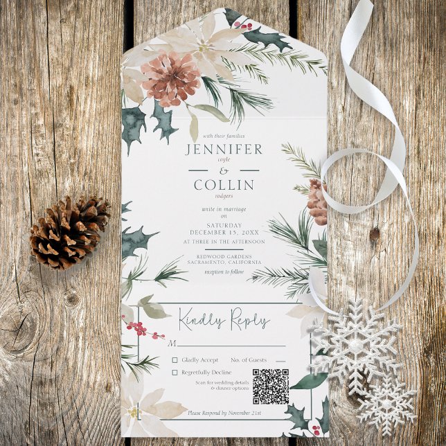 Invitation Tout En Un Pin de Noël rustique & Berries Code QR blanc (Créateur téléchargé)