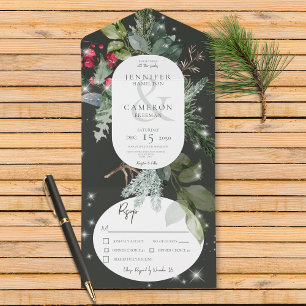 Invitation Tout En Un Pin Noir Rustique & Dîner Sparkle Hiver Holly