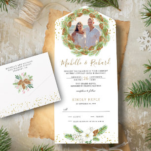 Invitation Tout En Un Pine rustique cônes Wreath Photo Mariage de Noël