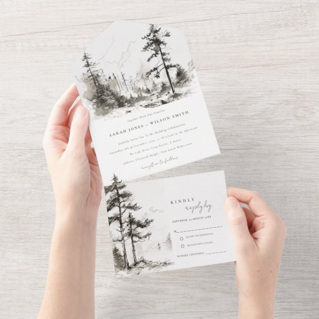 Invitation Tout En Un Pine Woods Mountain Paysage Mariage de croquis (Déchirure)
