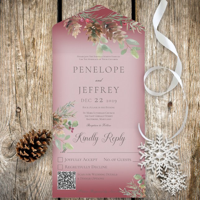 Invitation Tout En Un Pinecone & Berries Vin moderne Rouge QR Code (Créateur téléchargé)