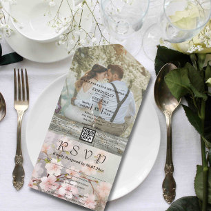 Invitation Tout En Un Pink Cherry Blossom Mauve Photo QR Code Site Web