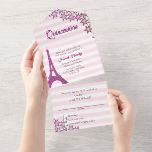 Invitation Tout En Un Pink Paris Theme Quinceañera