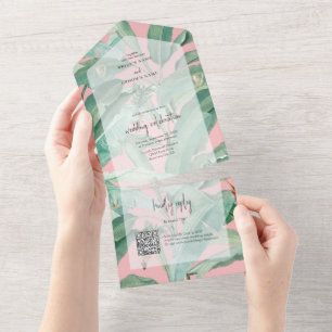 Invitation Tout En Un Pink Tropical Banana Palm Feuille Mariage