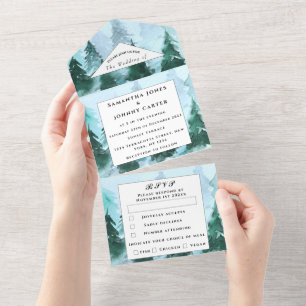 Invitation Tout En Un Pins d'hiver RSVP Aquarelle Mariage de forêt