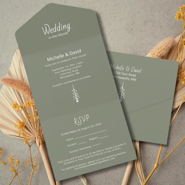 Invitation Tout En Un Pins rustiques Mariage vert Sage simple (Créateur téléchargé)