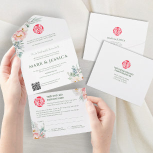 Invitation Tout En Un Pivoines vietnamiennes bilingues Traditionnel Tout