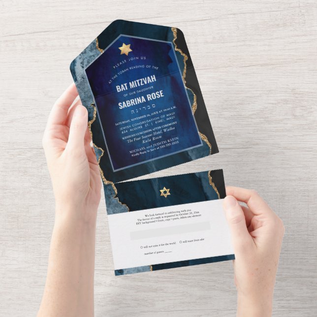 Invitation Tout En Un PixDezines Aquarelle Agate Bat mitzvah bleu ardois (Déchirure)