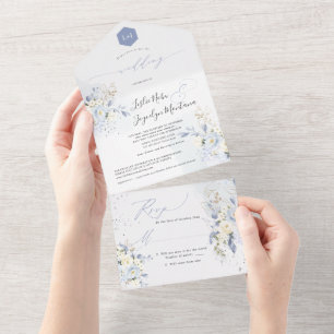 Invitation Tout En Un PixDezines Aquarelle Blue Hyde Cream Roses