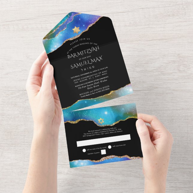Invitation Tout En Un PixDezines Aquarelle Galaxy Agate Bar Mitzvah Tout (Déchirure)