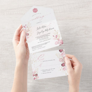 Invitation Tout En Un PixDezines Aquarelle Rustique Dusty Rose Eucalyptu