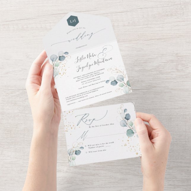 Invitation Tout En Un PixDezines Aquarelle Rustique Gomme Bleue Eucalypt (Déchirure)