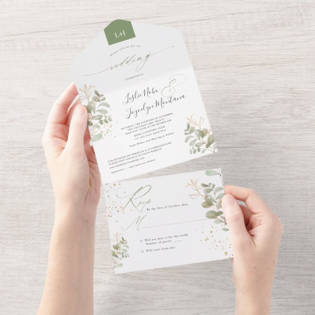 Invitation Tout En Un PixDezines Aquarelle Vert Or Foliage (Déchirure)