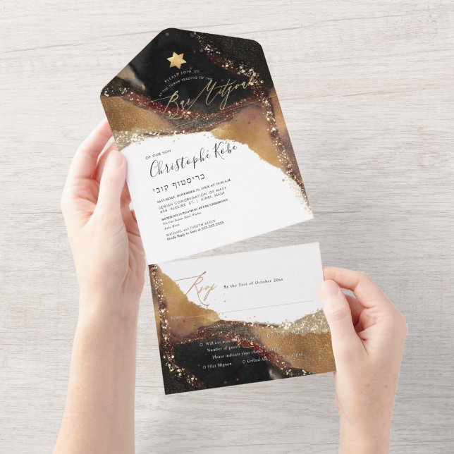 Invitation Tout En Un PixDezines Cosmic Black Gold Bar Mitzvah (Déchirure)