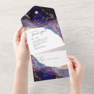 Invitation Tout En Un PixDezines Cosmic Indigo Bat mitzvah bleu