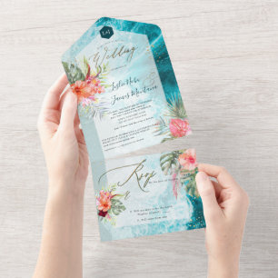 Invitation Tout En Un PixDezines Fleurs de Plage Paradise Tropical Folia