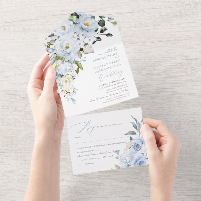 Invitation Tout En Un PixDezines H2 Dusty Blue Flowers Rose Hydrangea (Déchirure)