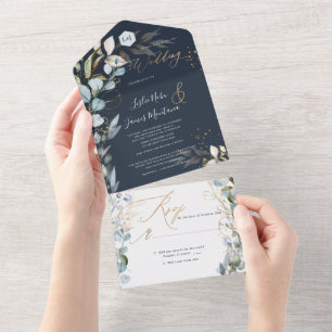 Invitation Tout En Un PixDezines H2 Rustique Dusty Blue Eucalyptus Gold
