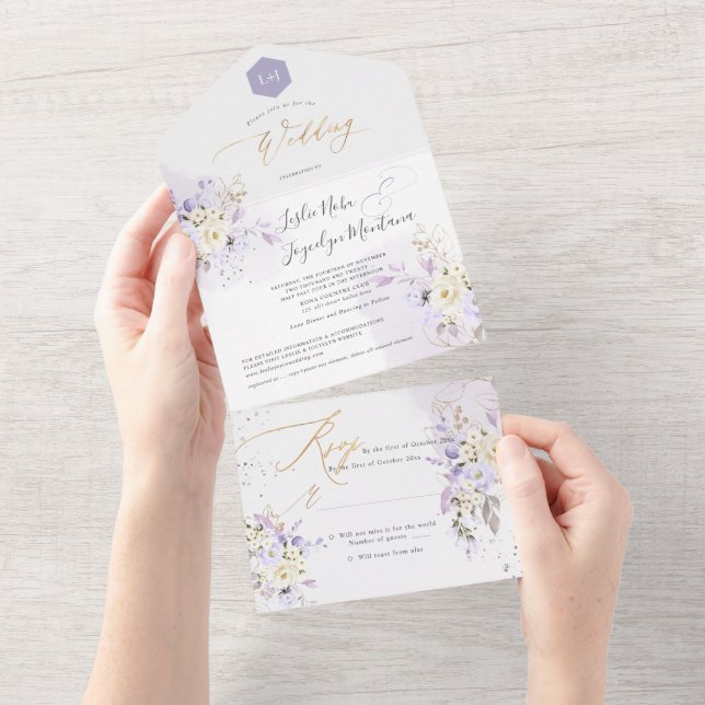 Invitation Tout En Un PixDezines H2 Violet Hyde Dusty Violet Roses (Déchirure)