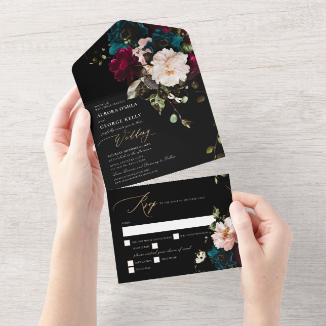 Invitation Tout En Un PixDezines Moody Floral Bourgogne Turquoise (Déchirure)