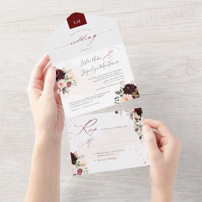 Invitation Tout En Un PixDezines Rustique Blush Bourgogne AquarelleFleur (Déchirure)