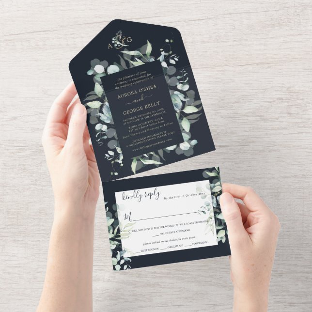 Invitation Tout En Un PixDezines Rustique Eucalyptus Navy en or (Déchirure)
