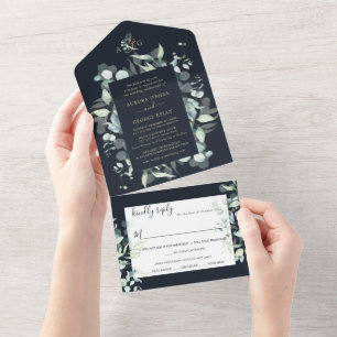 Invitation Tout En Un PixDezines Rustique Eucalyptus Navy en or
