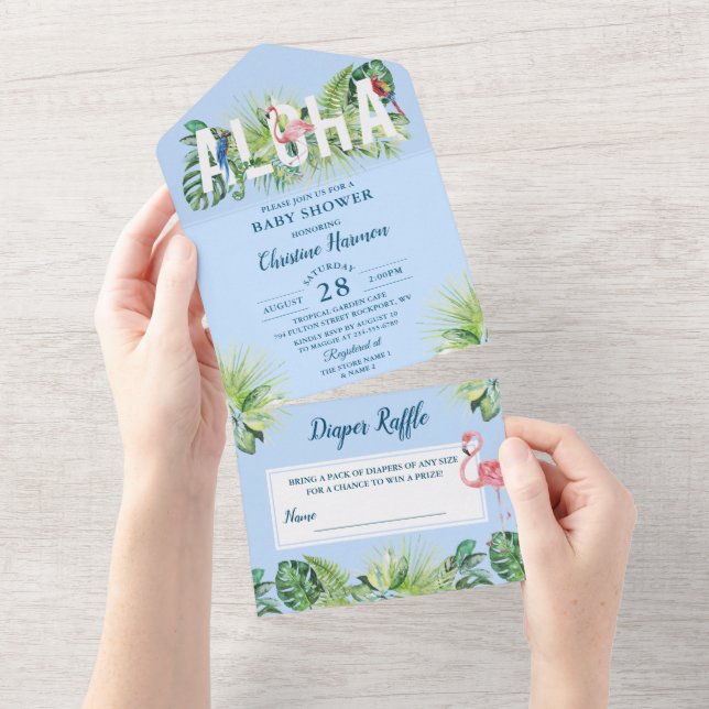 Invitation Tout En Un Plage Aloha Bleu clair Baby shower Déchets Raffle (Déchirure)