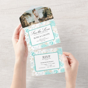Invitation Tout En Un Plage d'amour nautique de mariage Sea the Love Bea