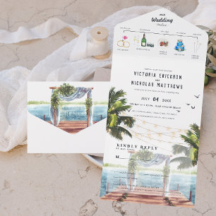 Invitation Tout En Un Plage de l'océan tropical   Mariage illustré