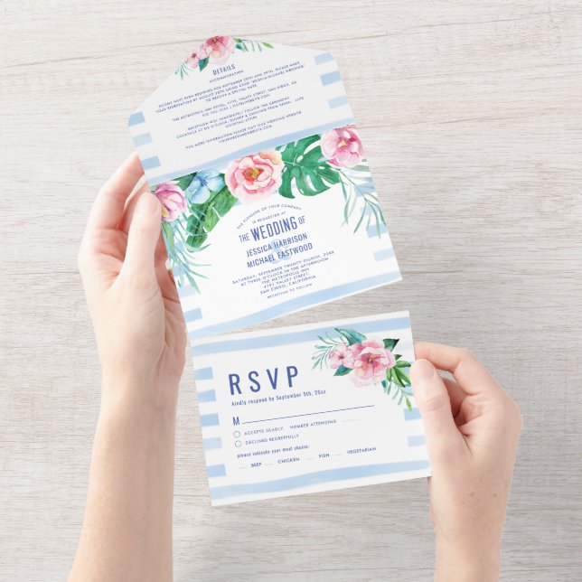 Invitation Tout En Un Plage Tropical Floral été Mariage d'aquarelle (Déchirure)