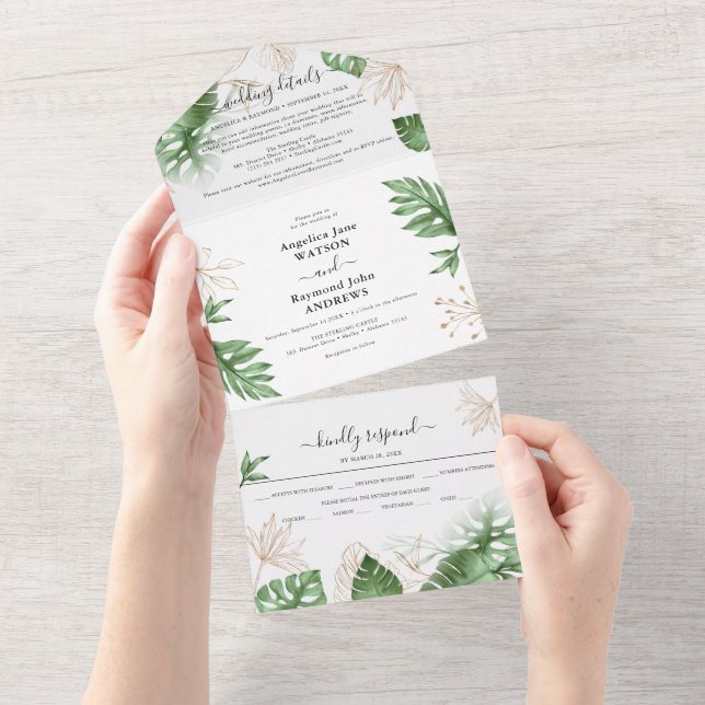 Invitation Tout En Un Plage tropicale Foliage & Gold Mariage élégant (Déchirure)