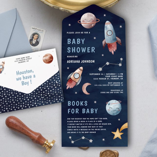 Invitation Tout En Un Planètes spatiales Rocket Baby shower bleu marine (Créateur téléchargé)