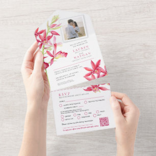 Invitation Tout En Un Plat d'aquarelle orchidée mariage RSVP QR photo
