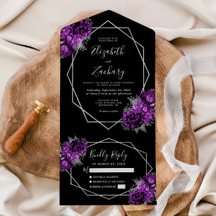 Invitation Tout En Un Plum Argent Floral Géométrique Mariage noir