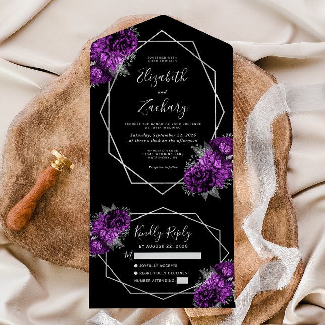 Invitation Tout En Un Plum Argent Floral Géométrique Mariage noir (Créateur téléchargé)
