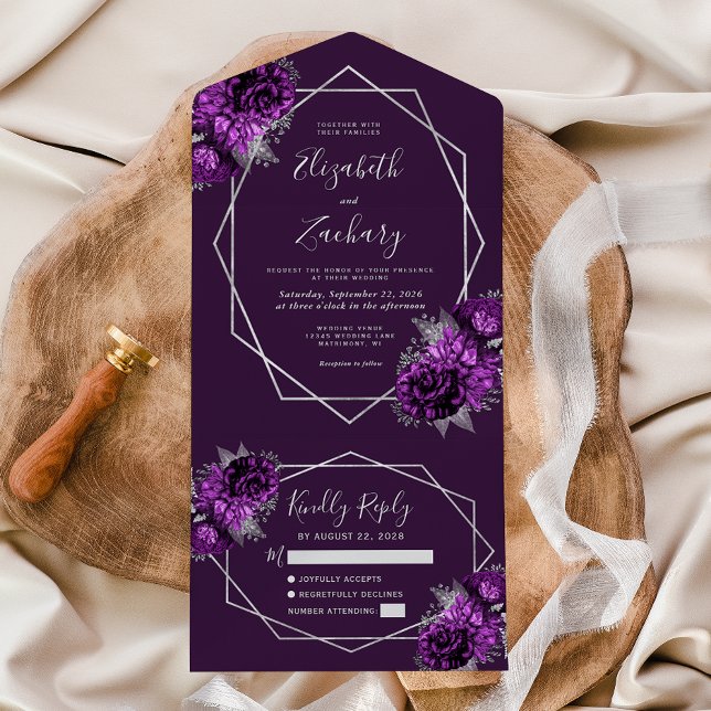 Invitation Tout En Un Plum Argent Floral Mariage géométrique Plum (Créateur téléchargé)
